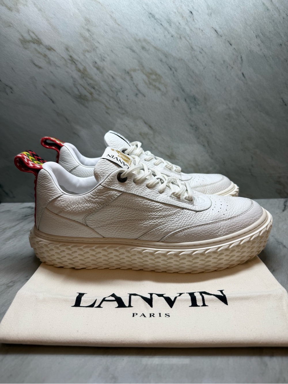 Lanvin White Leather Platform Sneakers with Red Accent Heel